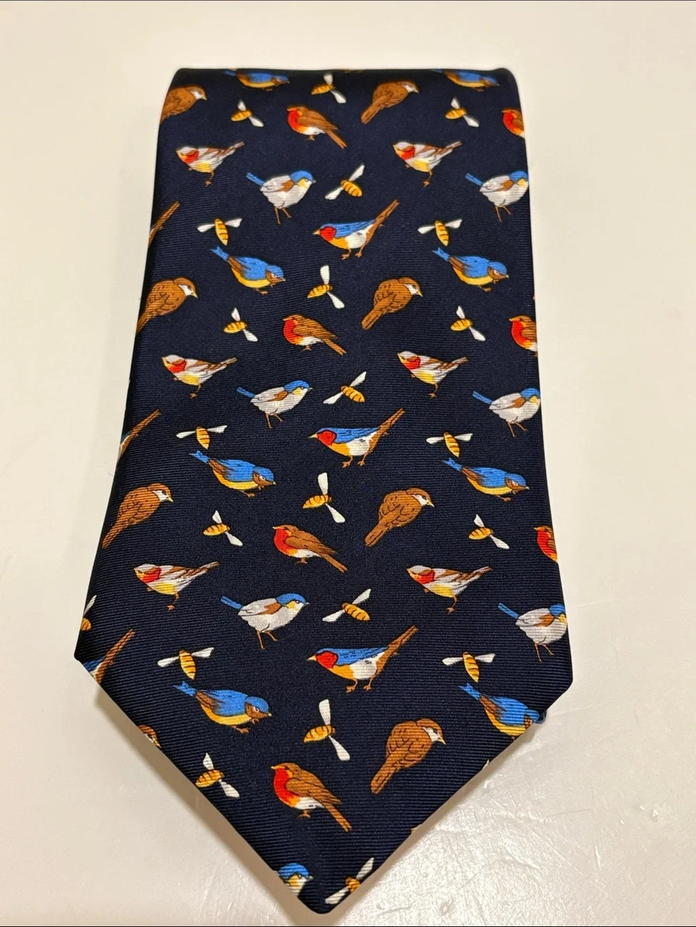 Harrods Navy Silk Tie with Colorful Songbirds and Bees